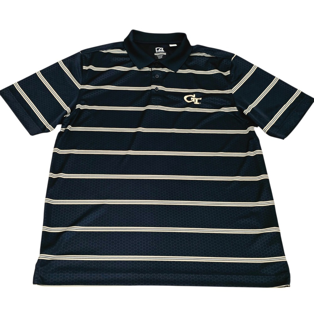 Cutter & Buck Georgia Tech Yellow Jackets Polo Shirt Mens XL Navy DryTec Striped